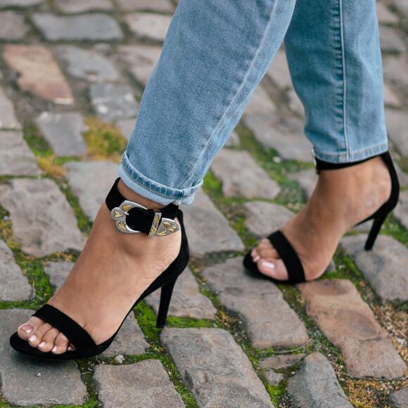 MAJE Falbaria black suede leather western buckle ankle strap heel sandals 39 NEW - Picture 8 of 9